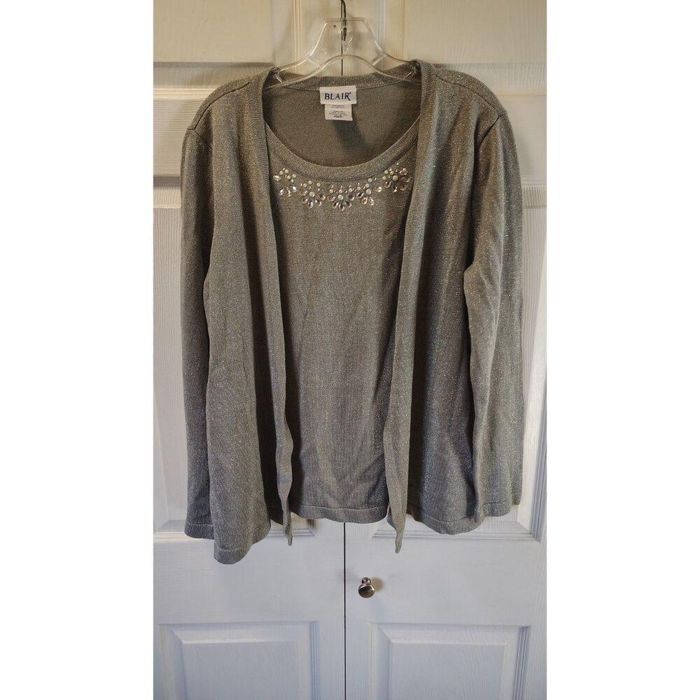 Blair Silver Metallic Knit Mock Twin Set Sweater Rhinestone Neck - Women's XL